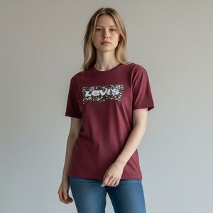 Levi's Women's Maroon Floral Logo Short Sleeve Tee L NWT
